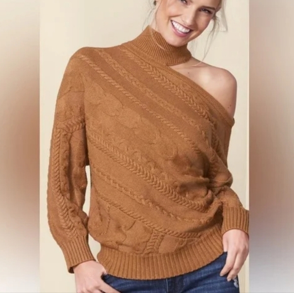 Cabke Knit Tan Off Shoulder Sweater Sexy Flirty Coquette feminine - Picture 1 of 9